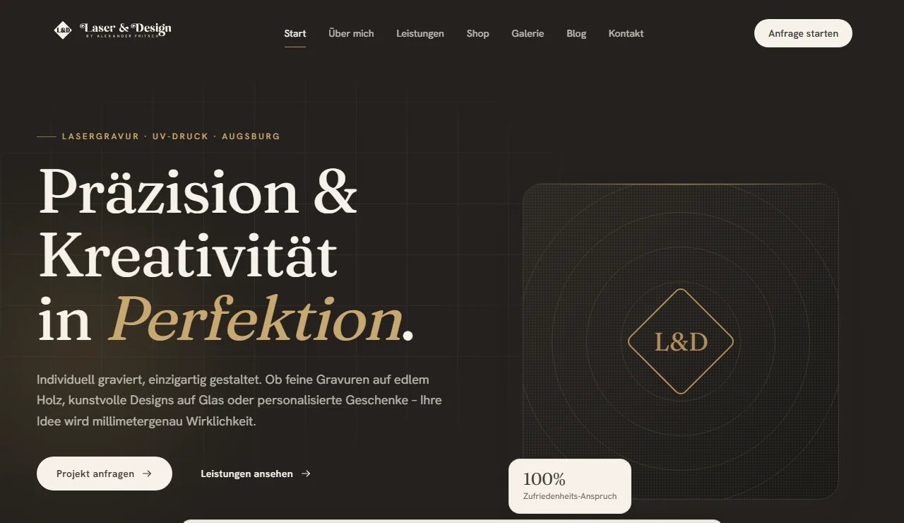 Startseite von laserdesign-fritsch.de – dunkles Design mit der Überschrift „Präzision & Kreativität in Perfektion.“