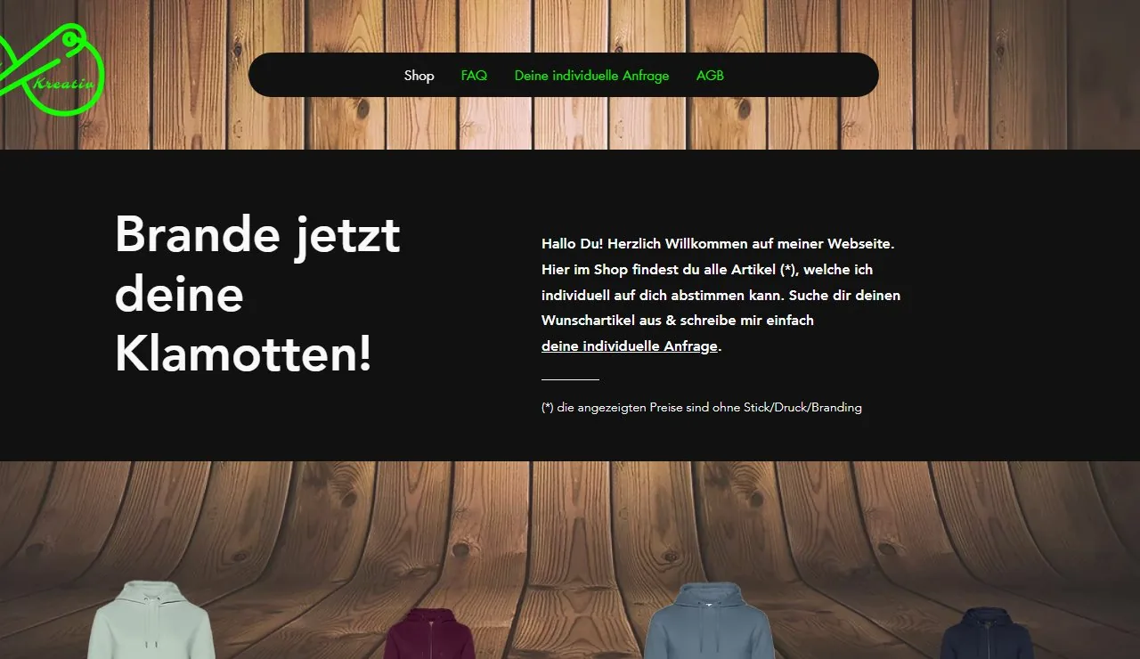 Startseite von katha-kreativ.de – dunkles Design mit Neongrün und der Überschrift „Brande jetzt deine Klamotten!“