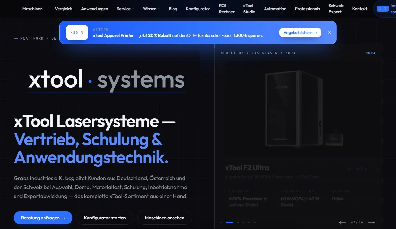 Startseite von xtool.systems – dunkles Design mit der Überschrift „xTool Lasersysteme – Vertrieb, Schulung & Anwendungstechnik“ und einem Lasergerät.